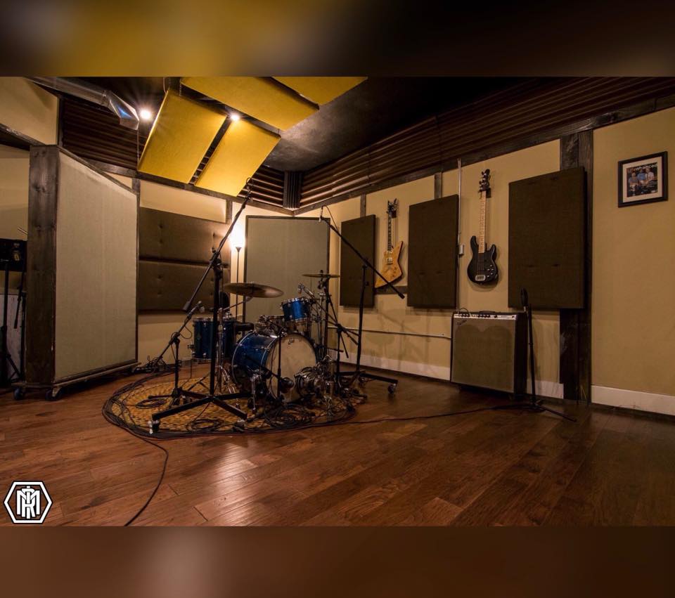 Tracking room with drum kit